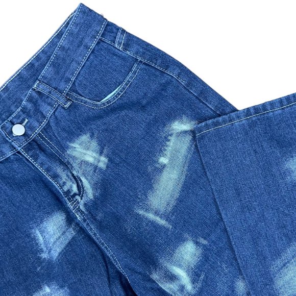 Women Y2K Jeans Large Blue High Rise Wide Leg Tie Dye Print Loose Washed - Picture 7 of 15